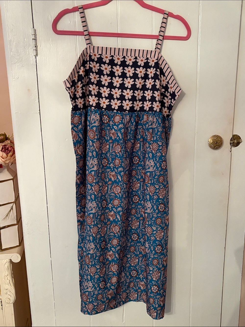 Mixed-Print Daisy Bodice Midi Slip Dress in Blue, Turquoise and Pink print Large